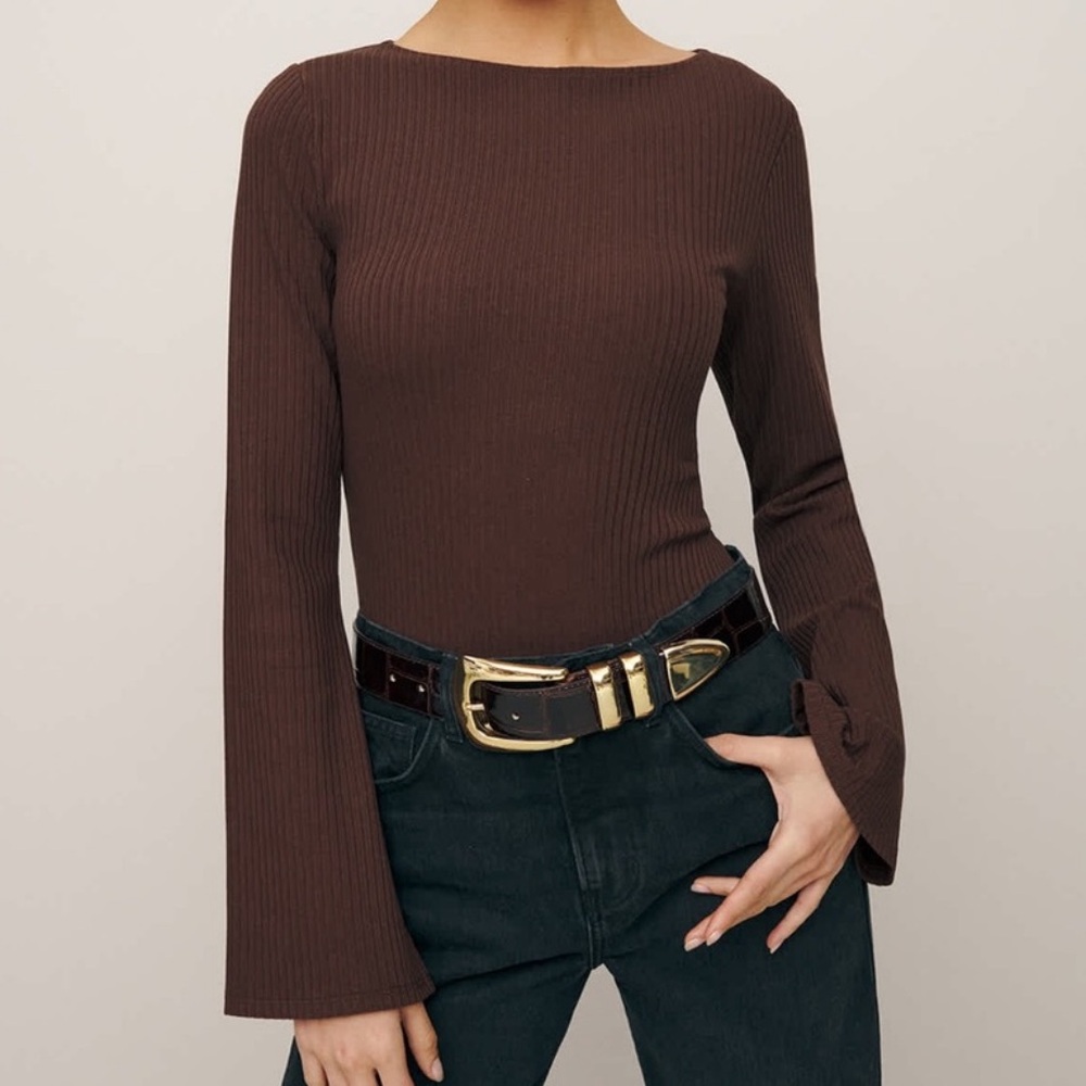 Reformation Miller Knit Top Brown Ribbed Sweater